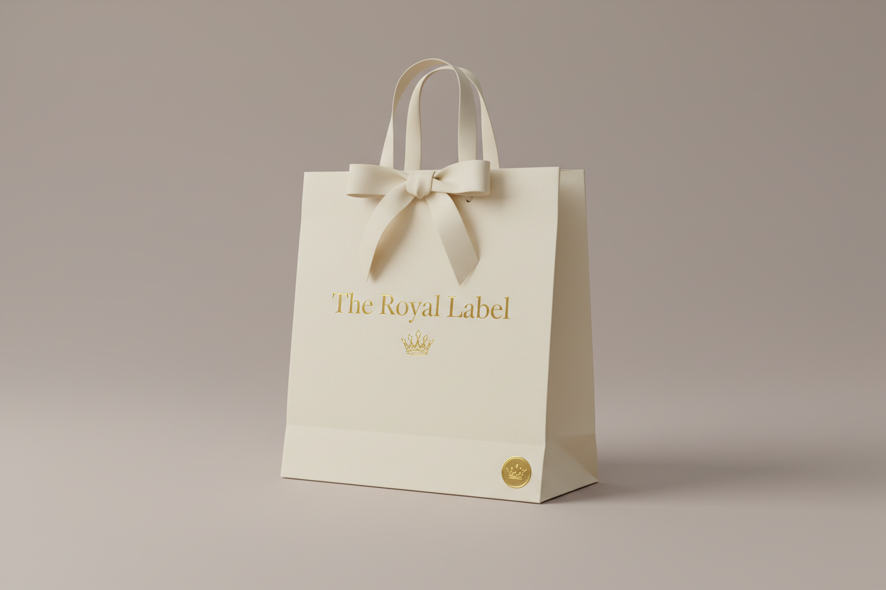 shopping bag met the royal label tekst